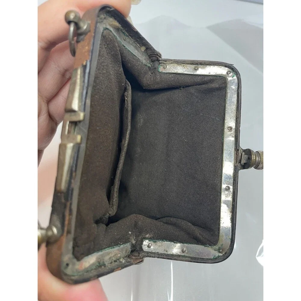 victorian Antique Chatelaine Silver Latch black Leather Purse 1890s